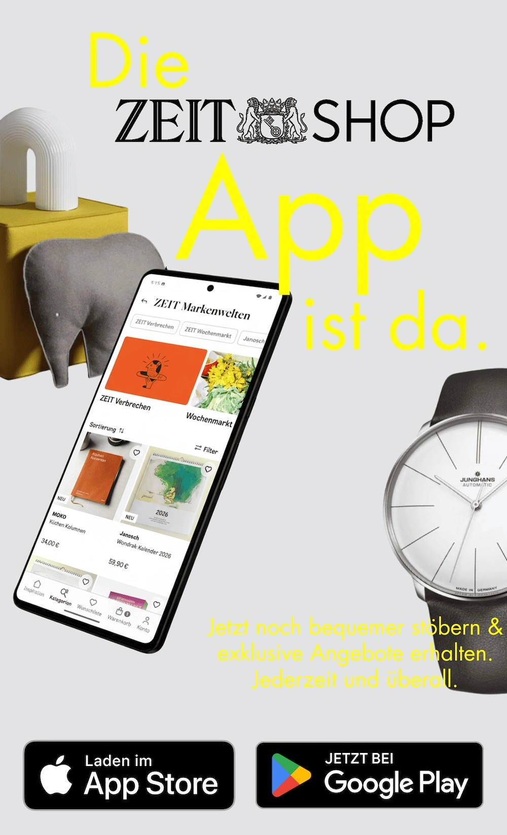 Hier klicken, um die ZEIT Shop App im Appstore oder Google Play Store herunterzuladen