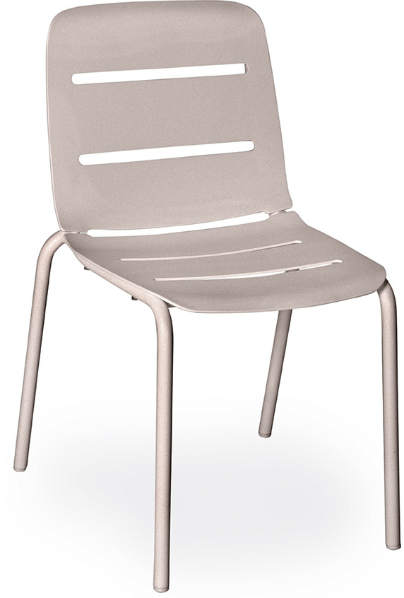 Ein moderner, beiger Stuhl »VAPIO« mit minimalistischem Design und robustem Stahlrahmen, geeignet für Wohnzimmer, Esszimmer, Büro, Hotel und Restaurant.