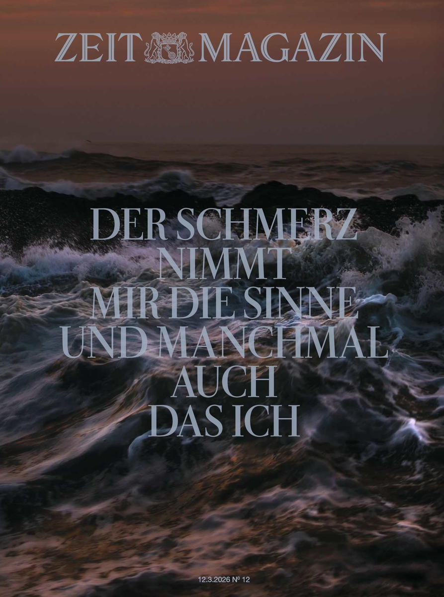 Titelbild des DIE ZEIT Magazins 12/2026. Vor dramatisch bewölktem Himmel schlagen dunkle Wellen an Felsen. Darüber steht in großen Lettern: 'Der Schmerz nimmt mir die Sinne und manchmal auch das Ich'. Die Gestaltung wirkt ruhig und nachdenklich.