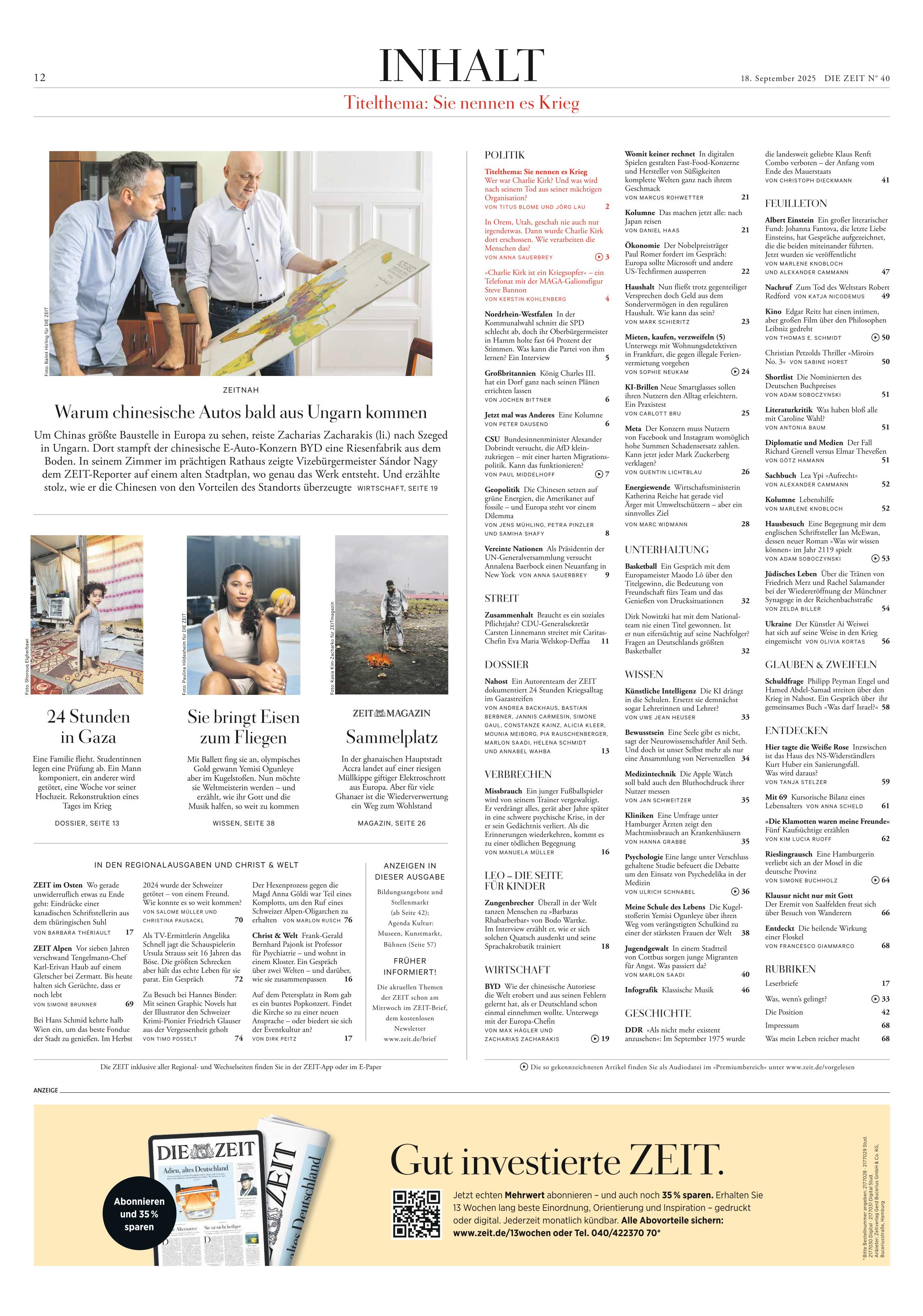 Titelseite der Wochenzeitung DIE ZEIT mit Übersicht der wichtigsten Themen, mehreren Fotos von Menschen im Gespräch und Artikeln zu Politik, Wirtschaft und Gesellschaft. Die Gestaltung ist modern und übersichtlich, der Hintergrund ist überwiegend weiß mit dezenten Farbakzenten.