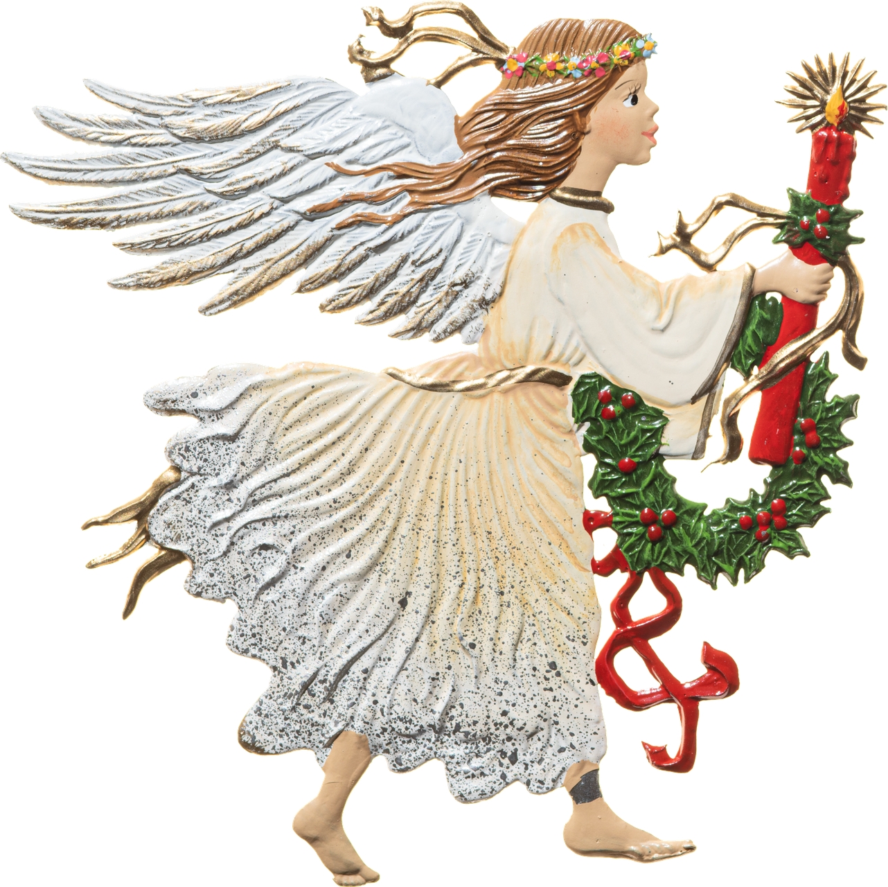 Detailreiche Zinnfigur eines Engels mit goldenem Haar und Heiligenschein. Der Engel trägt ein langes, weiß-goldenes Gewand und hält einen geschmückten Adventskranz mit einer roten Kerze. Die Flügel sind weit ausgebreitet, der Kranz ist mit grünen Blättern und roten Beeren versehen. Die Figur wirkt festlich und eignet sich als Dekoration für Weihnachten.