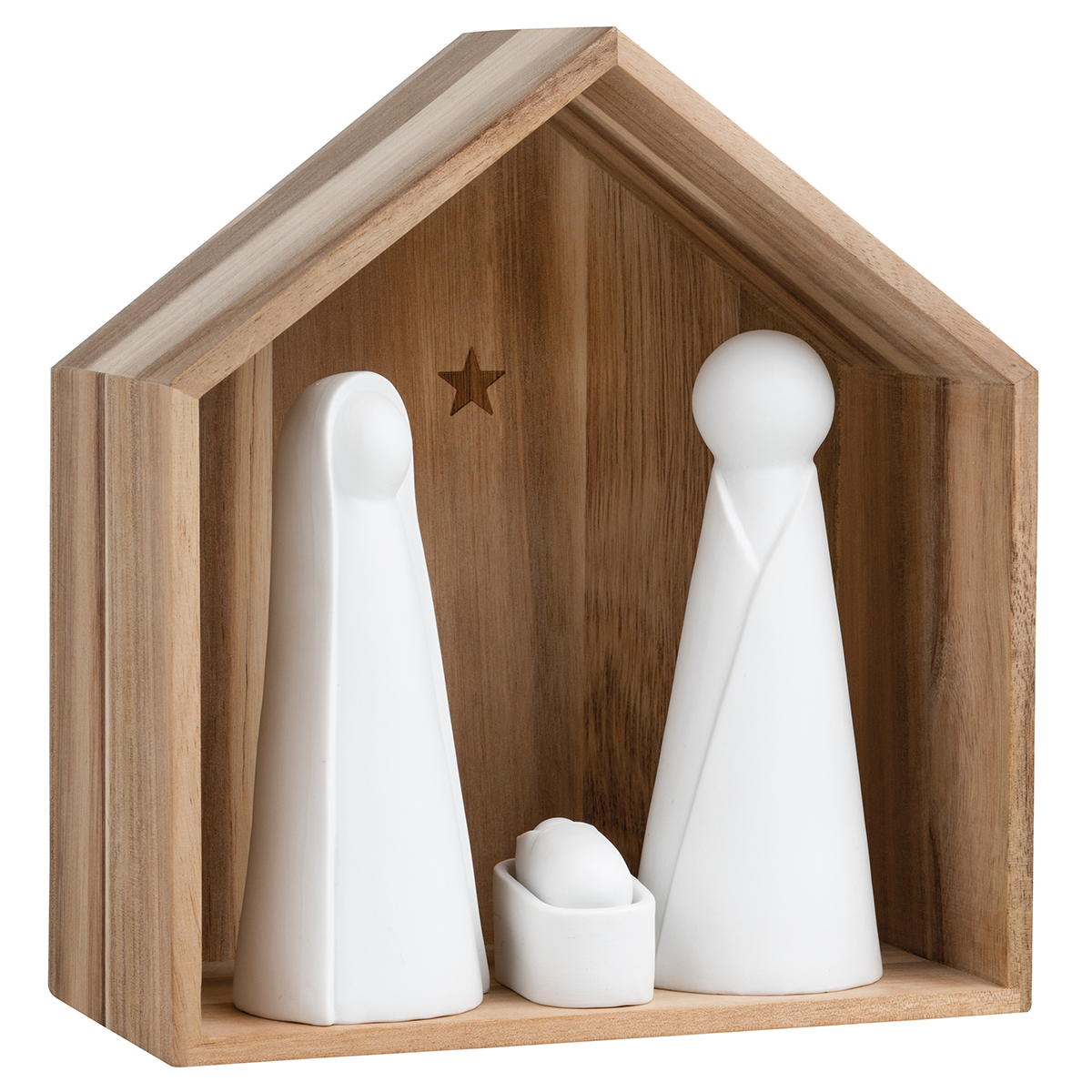 Abgebildet ist eine schlichte Weihnachtskrippe aus Holz mit stilisierten, weißen Figuren von Maria, Josef und dem Jesuskind unter einem offenen Holzdach. Im Hintergrund ist ein ausgestanzter Stern im Holz zu sehen. Die Krippe ist minimalistisch und modern gestaltet.