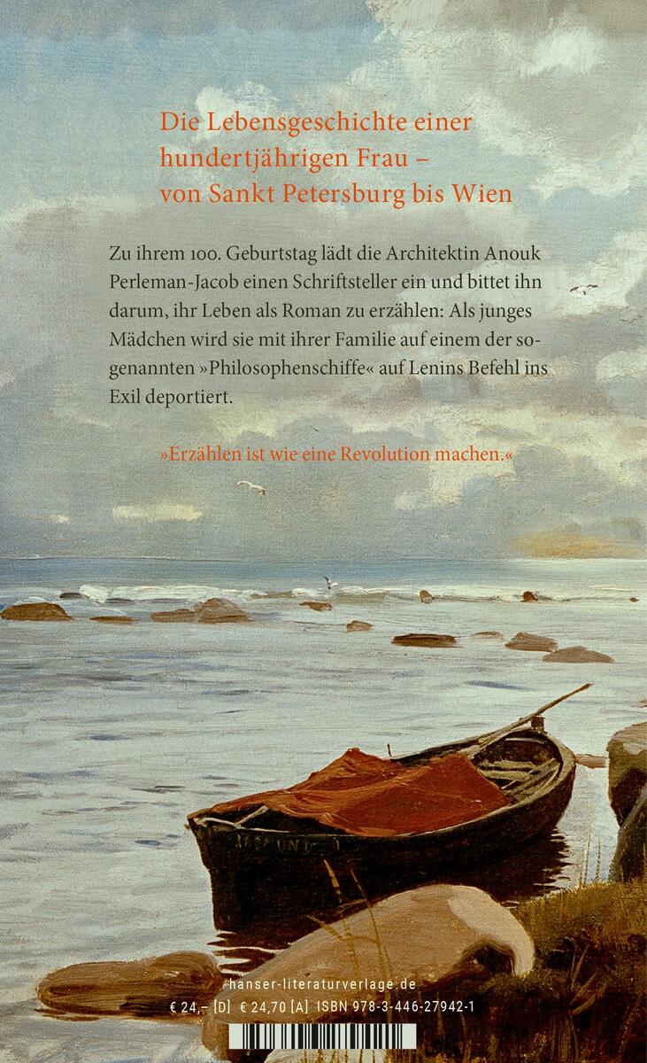 Buchcover von 'Philosophenschiff' von Michael Köhlmeier, zeigt eine Küstenlandschaft mit ruhigem Wasser, vielen Steinen und einem grauen Himmel, darunter ein begleitender Text in blauer und orangefarbener Schrift.
