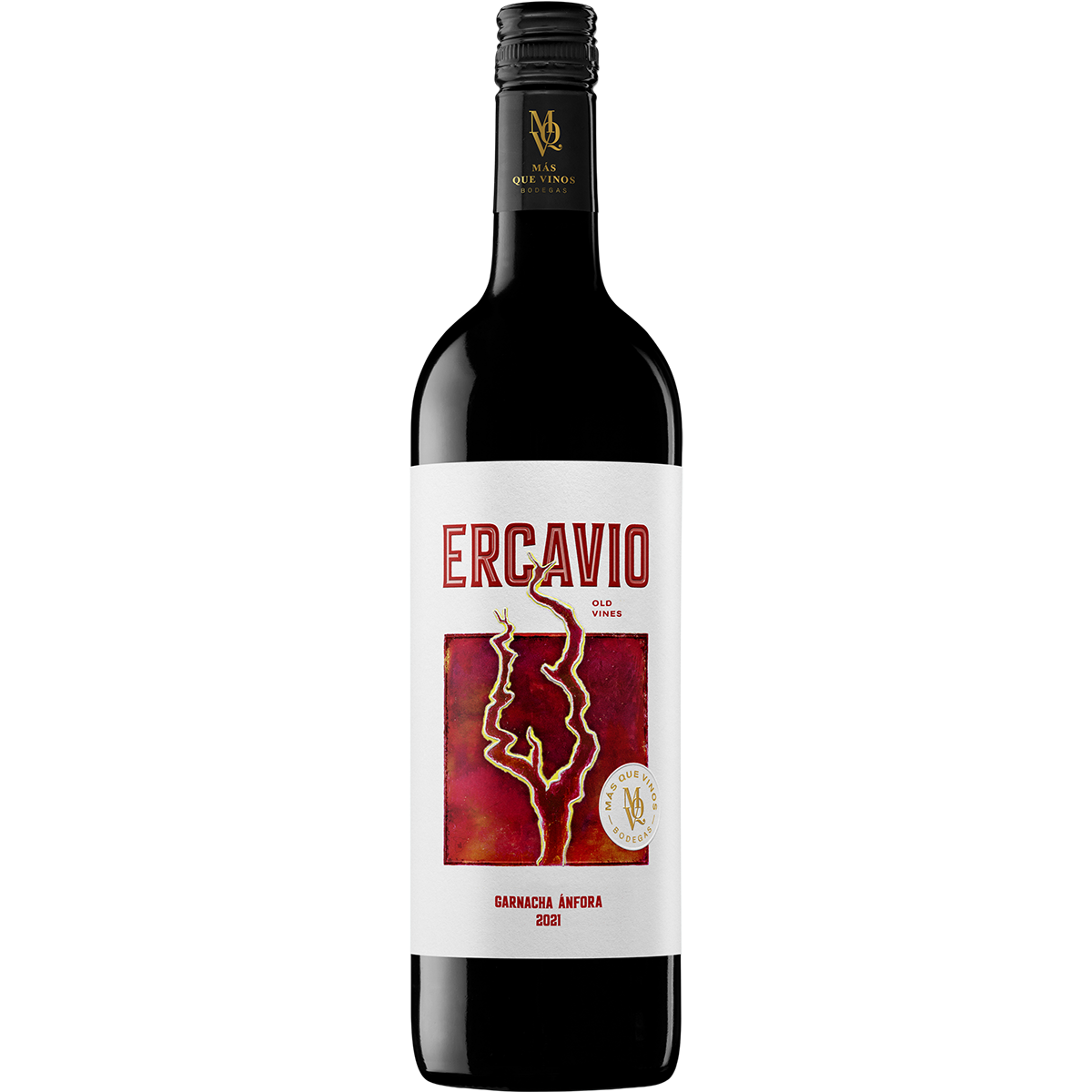 Eine einzelne Flasche Garnacha Ecavio Rotwein der Marke Mas Que Vinos steht aufrecht. Das Etikett zeigt den Namen 'ERCAVIO' in roten Buchstaben auf weißem Hintergrund, darunter eine abstrakte Weinrebe in Gold und Rot. Die Flasche ist Teil eines 6er Pakets und für Weinliebhaber geeignet.