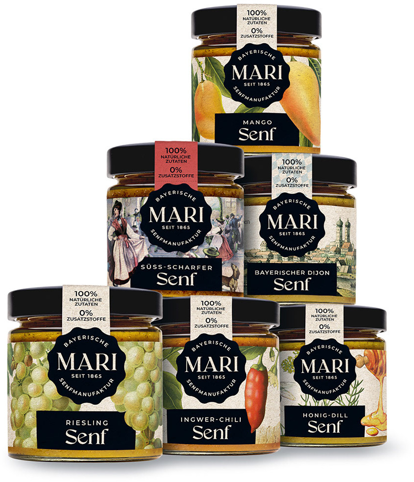 Ein Set von sechs Gläsern Mari-Senf verschiedener Sorten. Das Set umfasst Mango Senf, Soßenschärfer Senf, Bayerischer Dijon Senf, Honig-Dill Senf, Ingwer-Chili Senf und Riesling Senf. Jedes Glas hat ein individuelles Etikett und ist in verschiedenen Farben gestaltet.