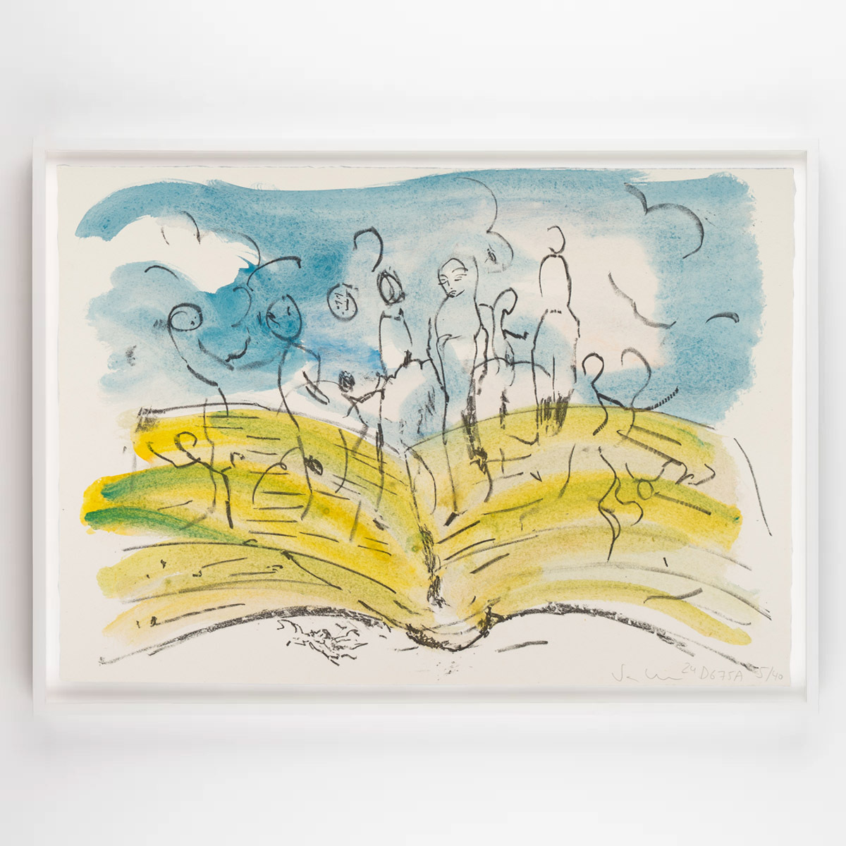 Gerahmte Lithografie »DG 75A« der ZEIT-Sonderedition 2024 mit abstrakten, skizzenhaften Figuren auf einem aufgeschlagenen Buch, vor einem Himmel in Blau- und Gelbtönen.