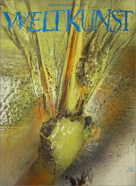 Das Cover des Magazins WELTKUNST 173/20 zeigt ein abstraktes Kunstwerk von Katharina Grosse mit einer intensiven Farbexplosion, hauptsächlich in Gelb-, Grün-, Braun- und Orangetönen. Der Titel des Magazins ist in blauer Schrift oben auf dem Cover abgebildet.