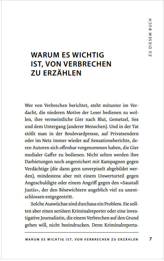 ZEIT Verbrechen Band 3 in Paperback-Form zeigt inneren Text, der die Wichtigkeit der Erzählung von Verbrechen diskutiert, ist in weißem Hintergrund mit schwarzen Text gedruckt.