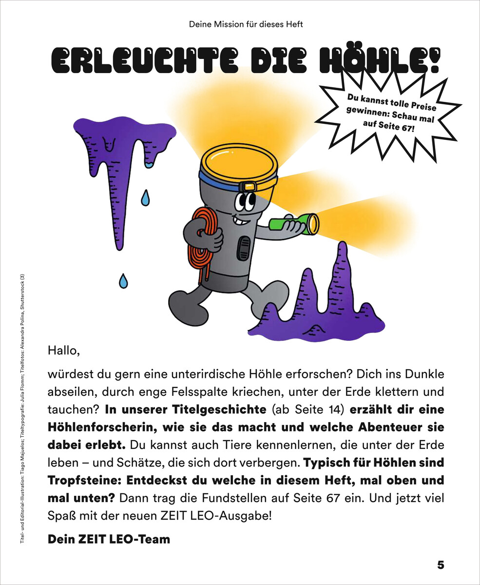 Eine kindgerechte Illustration aus der Zeitschrift 'ZEIT LEO', die ein anthropomorphes Objekt in einer Abenteuerumgebung zeigt, mit dem Text 'Erleuchte die Höhle'.