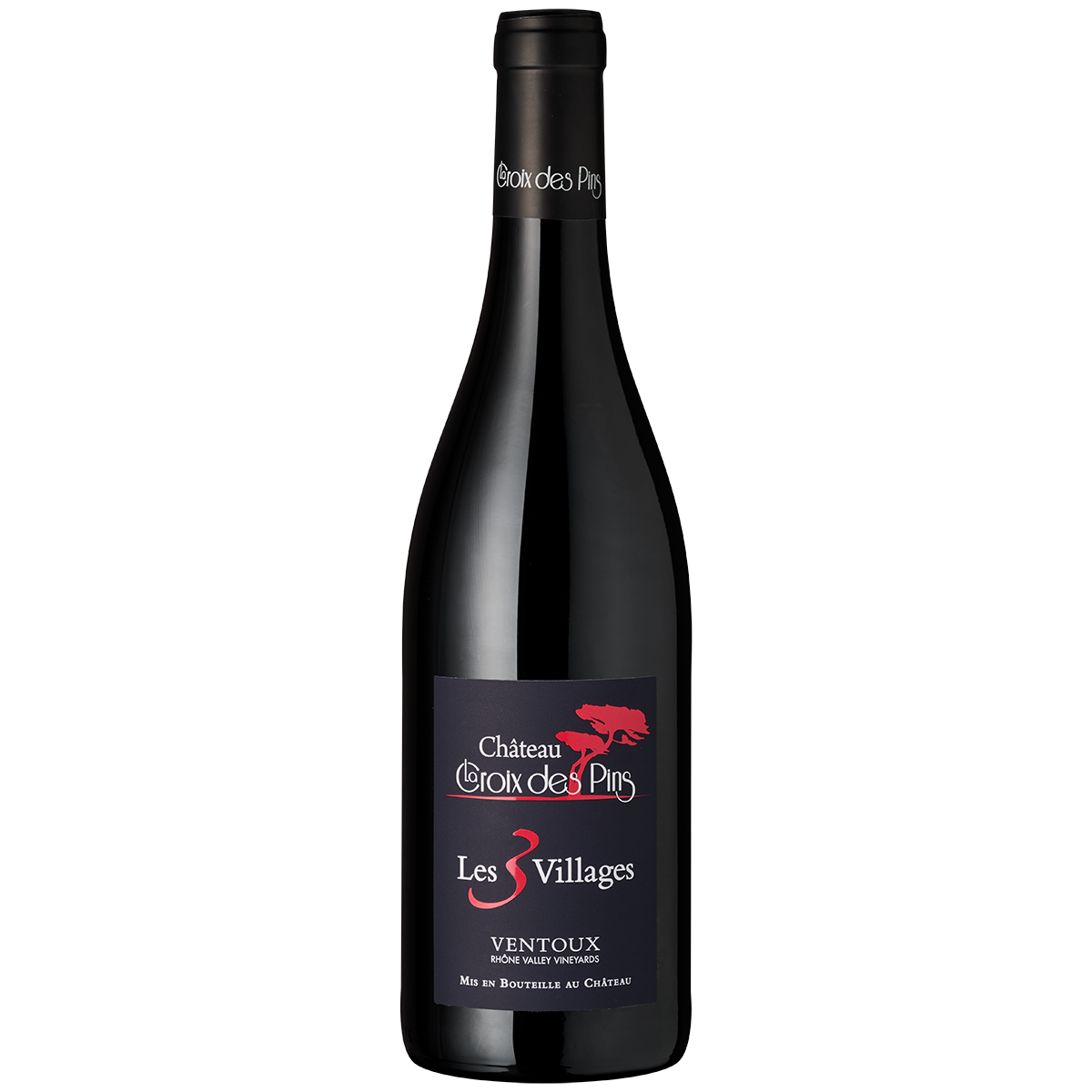 Abbildung einer edlen Flasche Rotwein 'Château Croix des Pins Les 3 Villages' mit dunklem Etikett und roten Akzenten auf weißem Hintergrund. Geeignet als Teil eines Probierpakets für Weinliebhaber und festliche Anlässe.