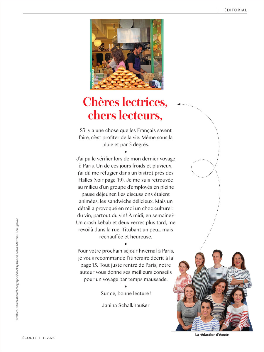 Titelseite des Écoute Magazins 1/25 mit einem Editorial Text. Das Layout ist elegant mit klaren Schriften und einem Bild mit Frauen im unteren Bereich. Der Text ist in schwarz auf weißem Hintergrund mit roten Akzenten.