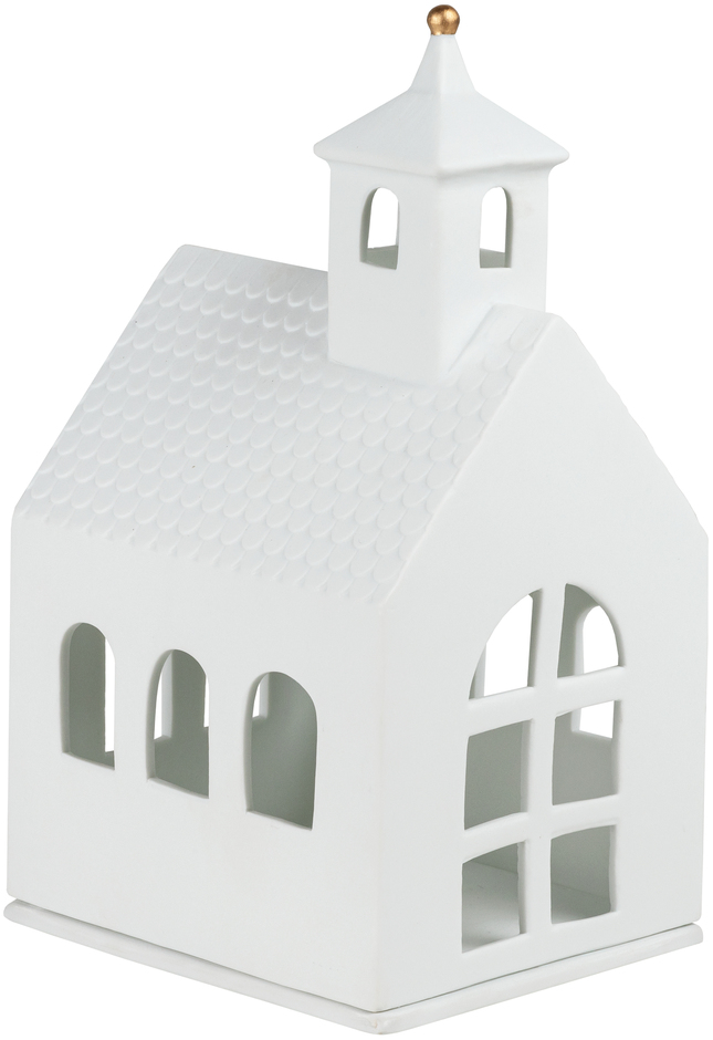 Weiße Porzellan-Kapelle mit goldener Spitze, gestaltet als Mini-Lichthaus mit mehreren Fenstern und detailreichem Dachmuster.