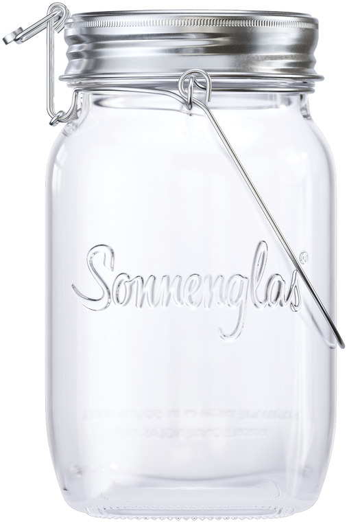 Ein Sonnenglas Classic, ein transparentes, klares Einmachglas mit metallischem Schraubdeckel und einem eingebauten Solarlicht.