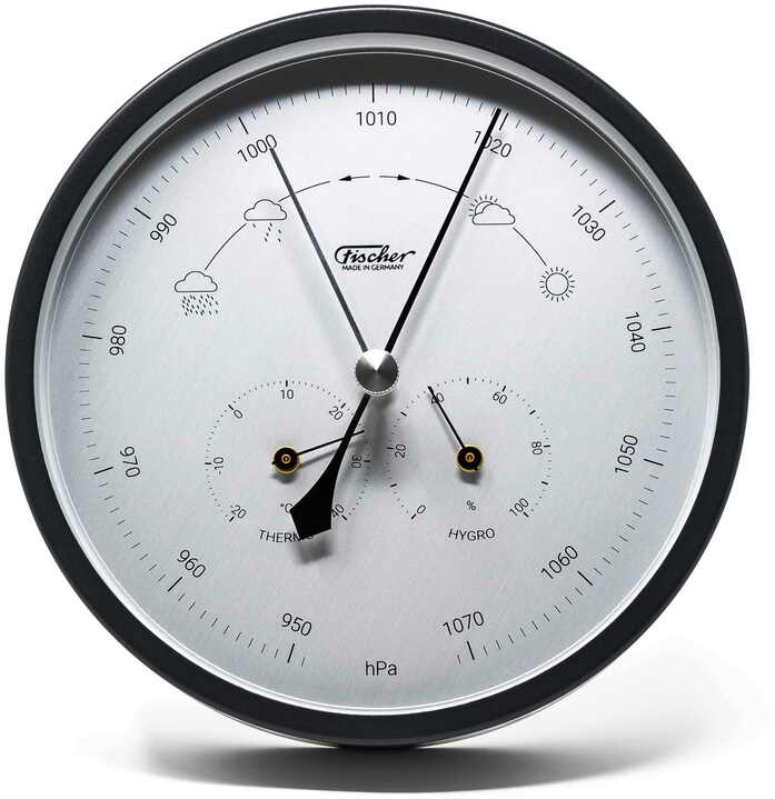 ZEIT Sonderedition »Wetterstation Edelstahl« mit rundem Zifferblatt, eingebauten Barometer, Hygrometer und Thermometer. Edelstahlgehäuse mit silberner, schwarzer und weißer Farbgebung.