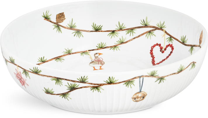 Weiße Weihnachtsschale »Hammershøi« mit weihnachtlichen Motiven wie grünen Zweigen, roten Herzen, blauen Glocken und kleinen Figuren.