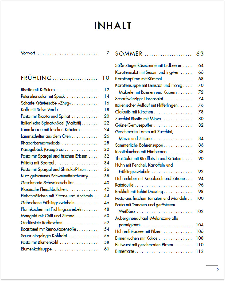 Inhaltsverzeichnis des Kochbuchs »Das Beste vom Wochenmarkt«, aufgeführt sind Rezepte für die Jahreszeiten Frühling und Sommer.