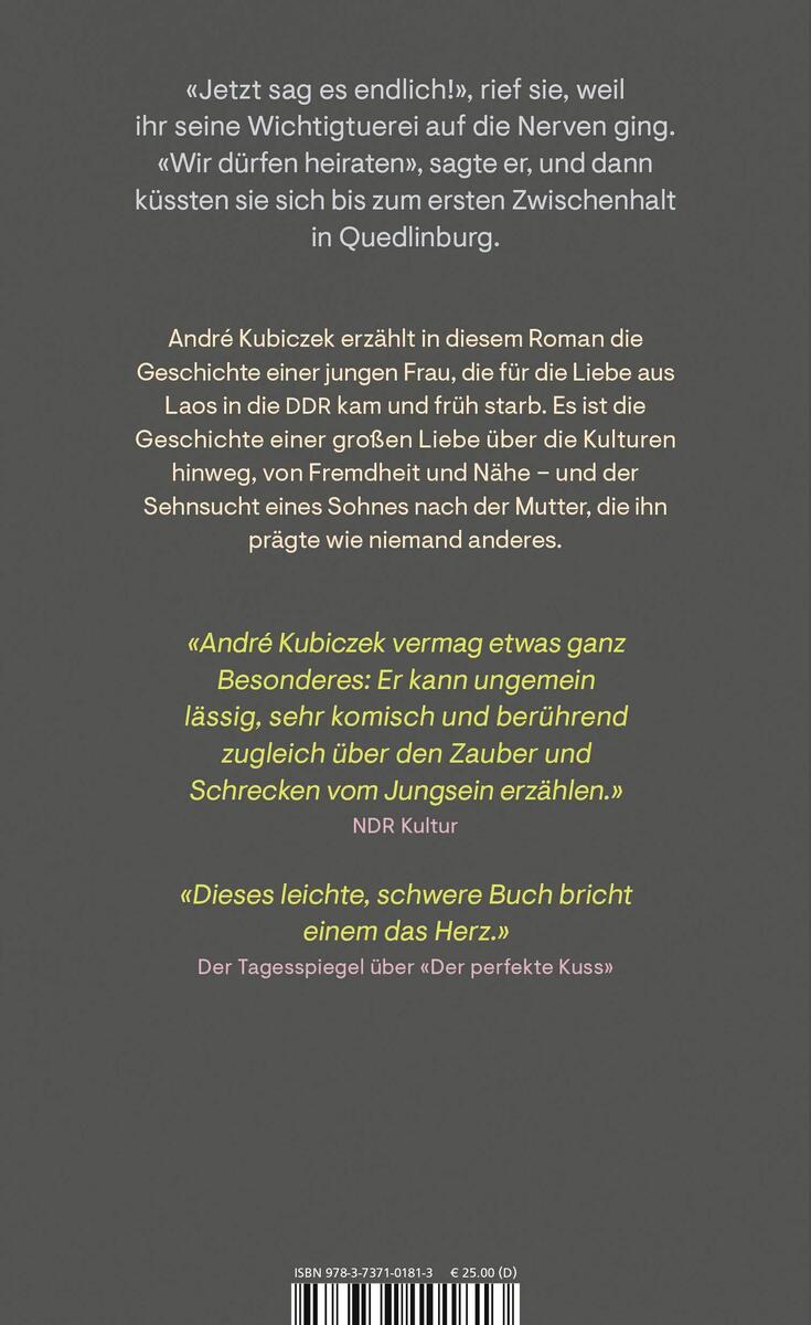 Die Rückseite eines Buches mit dem Titel 'Nostalgia' von André Kubiczek. Es enthält Text, der Informationen über den Roman und einige Zitate von Literaturkritikern bietet. Der Hintergrund ist grau mit weißem und gelbem Text.