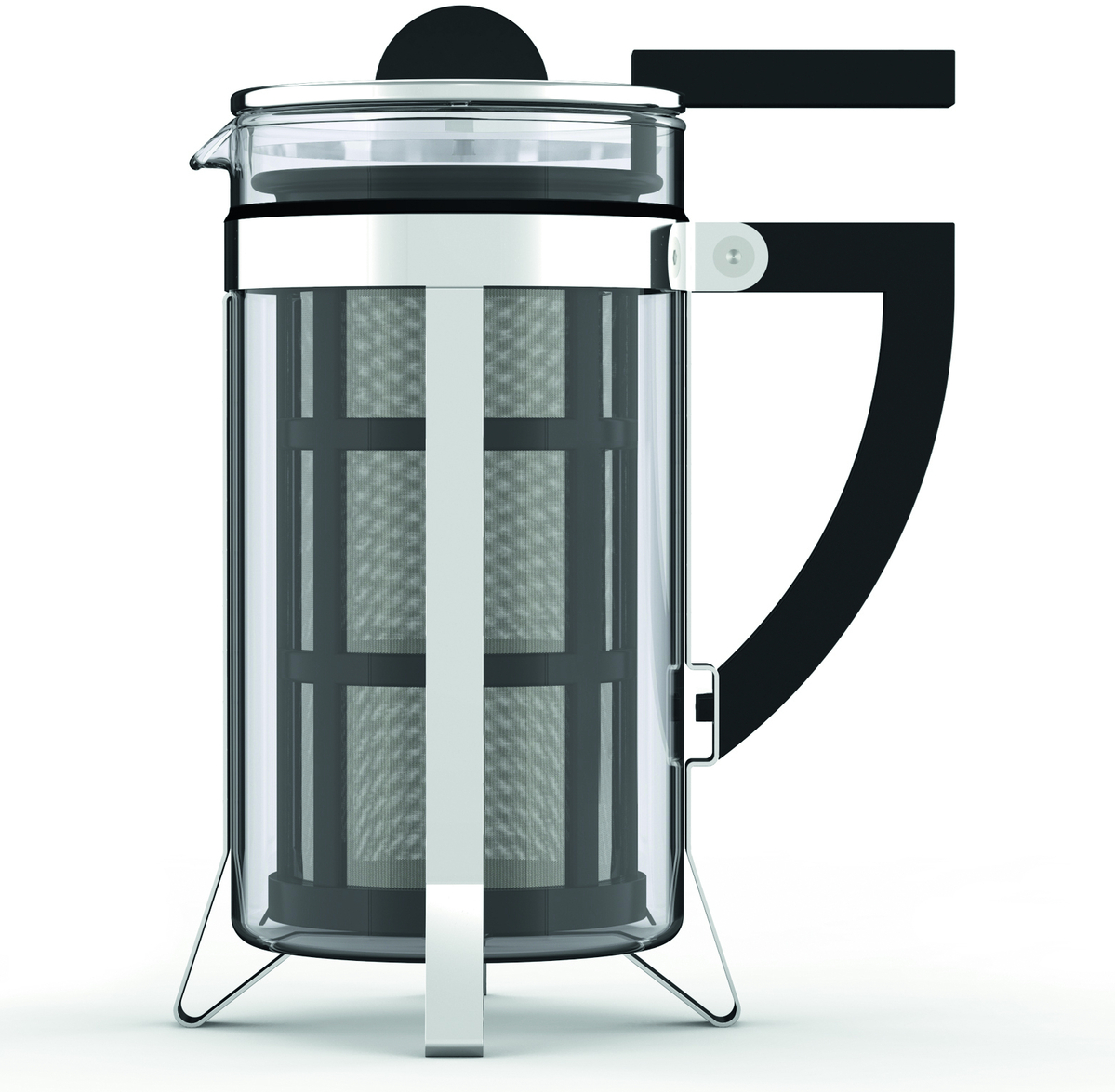 Kaffeebereiter »LASZLO« im Bauhaus Stil, eine moderne französische Presse aus Edelstahl mit schwarzem Griff und weißen Akzenten.