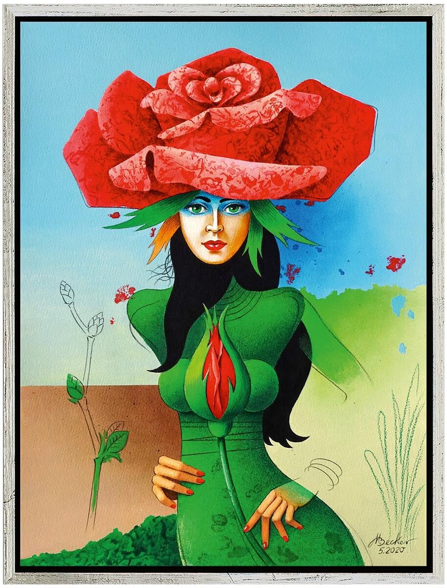Ein künstlerisches Porträt einer Frau mit langen schwarzen Haaren, gekleidet in einem grünen Kleid. Auf ihrem Kopf trägt sie eine große rote Rose. Der Hintergrund ist in Blau- und Grüntönen gehalten und zeigt florale und abstrakte Elemente. Das Gemälde ist von Michael Becker aus dem Jahr 2020.