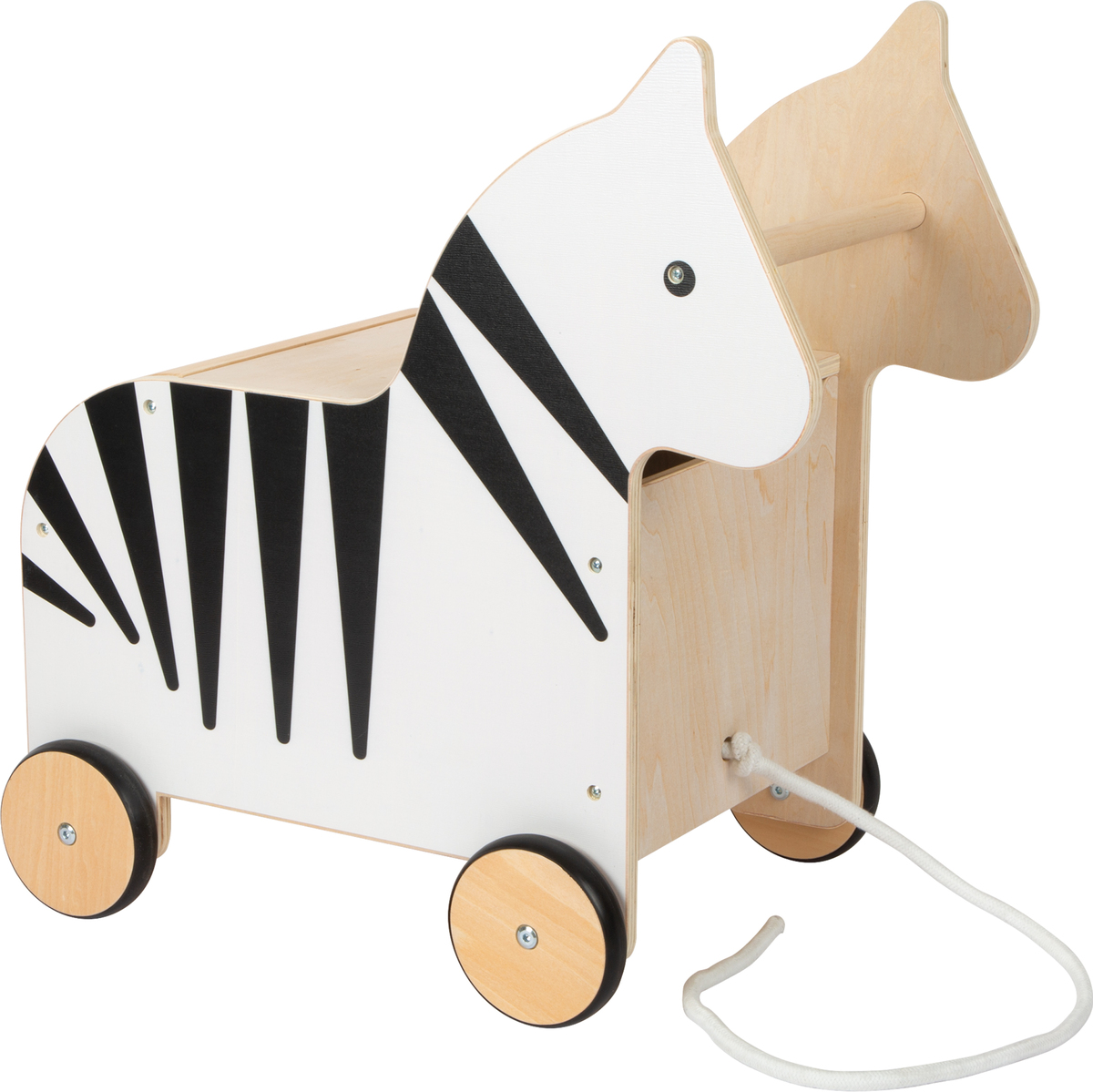 Spielzeugkiste in Form eines Zebras auf Rollen. Die Kiste besteht aus Holz und hat schwarz-weiße Streifen. Eine weiße Schnur ist an der Vorderseite befestigt.