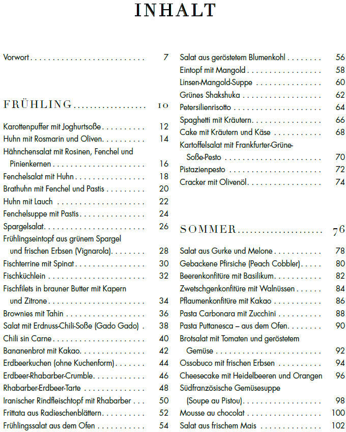 Inhaltsverzeichnis des Kochbuchs »Lieblingsgerichte vom Wochenmarkt«, unterteilt in die Jahreszeiten Frühling und Sommer. Es listet verschiedene Gerichte wie Salate, Suppen, Fleisch- und Fischgerichte auf. Das Layout ist klar und übersichtlich mit grünem Text auf weißem Hintergrund.