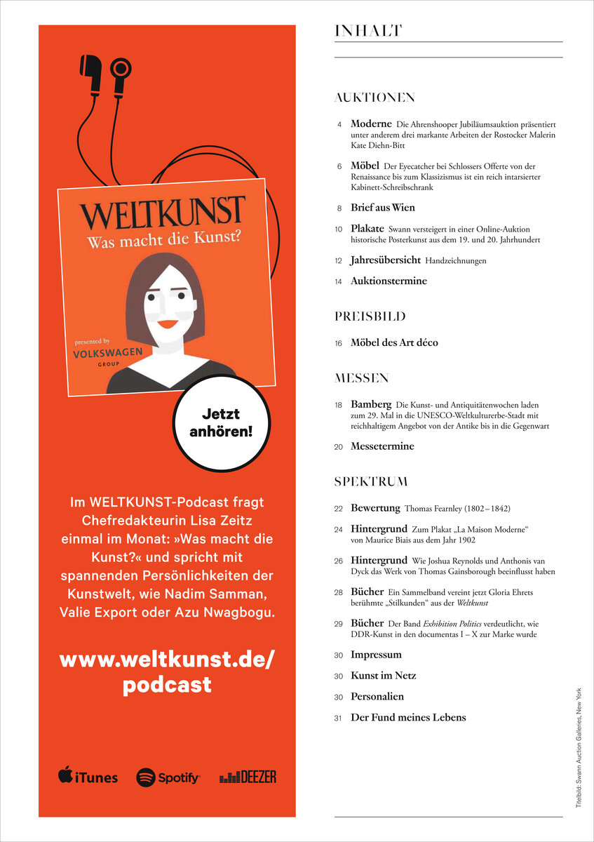 Cover der Zeitschrift 'KUNST UND AUKTIONEN 12/24' mit rotem Hintergrund und weißer Schrift. Ein Rundbild informiert über einen Podcast der Zeitschrift, unterstützt von Volkswagen. Auflistung der Inhalte: Auktionen, Profile, Museen und Spektrum. Logos von iTunes, SoundCloud, Deezer.