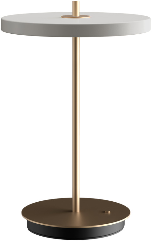Elegante Tischlampe »Asteria Move II« mit einem goldfarbenen Ständer und einer runden, weißen Lampe an der Spitze. Die Lampe steht auf einem schwarzen und goldenen runden Sockel und hat ein minimalistisches, modernes Design.