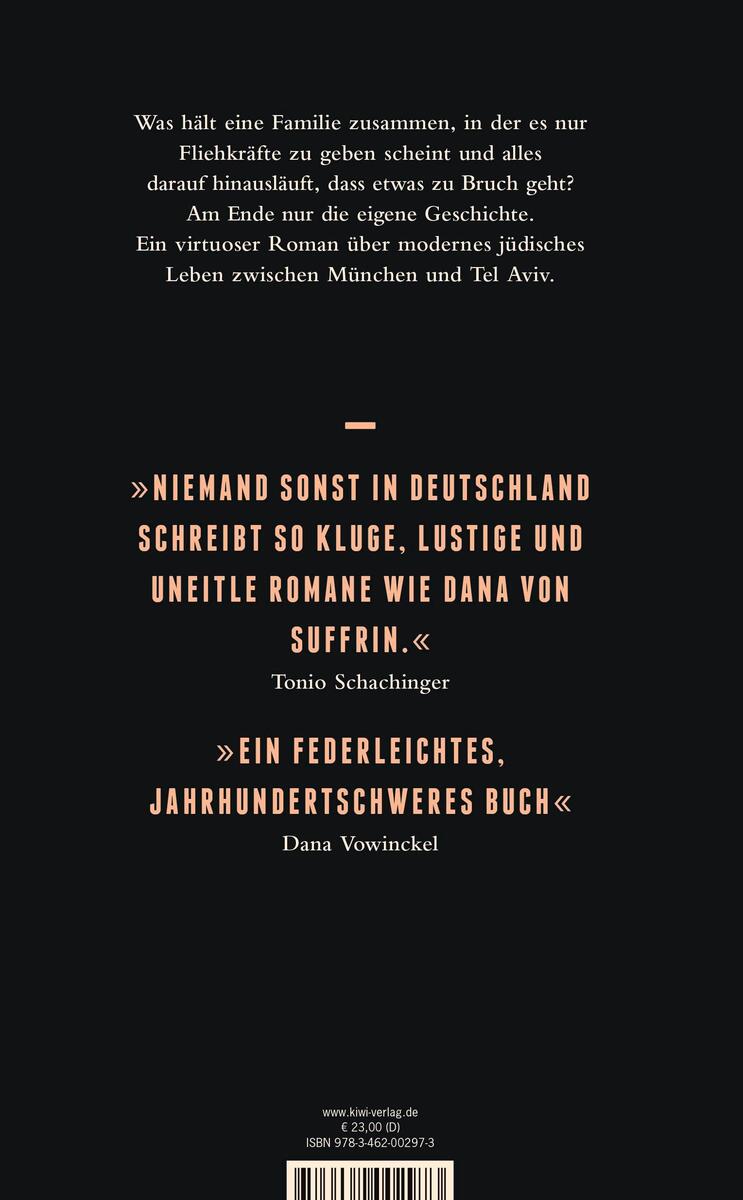 Ein Buchrücken des Romans 'Nochmal von vorne' von Dana Suffrin. Der Hintergrund ist schwarz mit weißer und roter Schrift. Oben steht ein Textabschnitt, gefolgt von zwei Zitaten aufeinander untereinander in der Mitte.