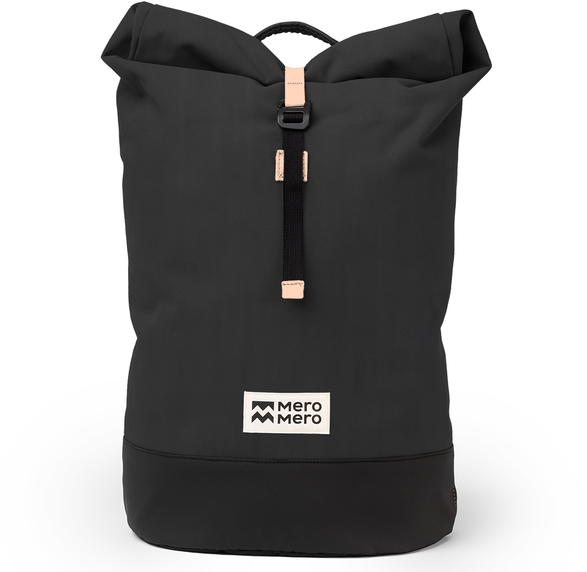Schwarze Fahrradtasche/Rucksack »Annecy« von MeroMero, aufrecht stehend, mit beigen Details und MeroMero-Logo auf weißem Hintergrund.