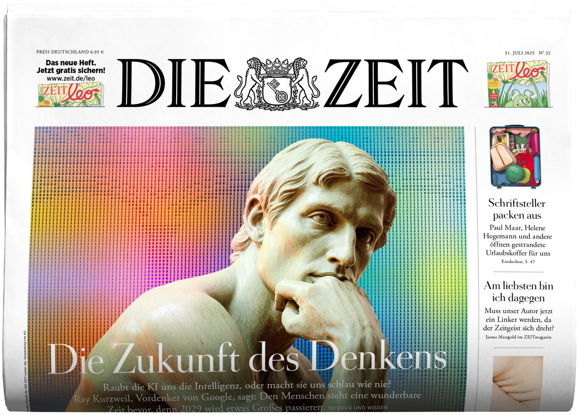 Titelseite der Zeitung DIE ZEIT Ausgabe 32/2025 mit dem Schwerpunkt 'Die Zukunft des Denkens'. Im Zentrum steht eine berühmte Statue vor einem regenbogenfarbenen Hintergrund. Auf der rechten Seite befinden sich weitere Artikelhinweise und kleinere Illustrationen. Das Erscheinungsbild ist modern und künstlerisch gestaltet.
