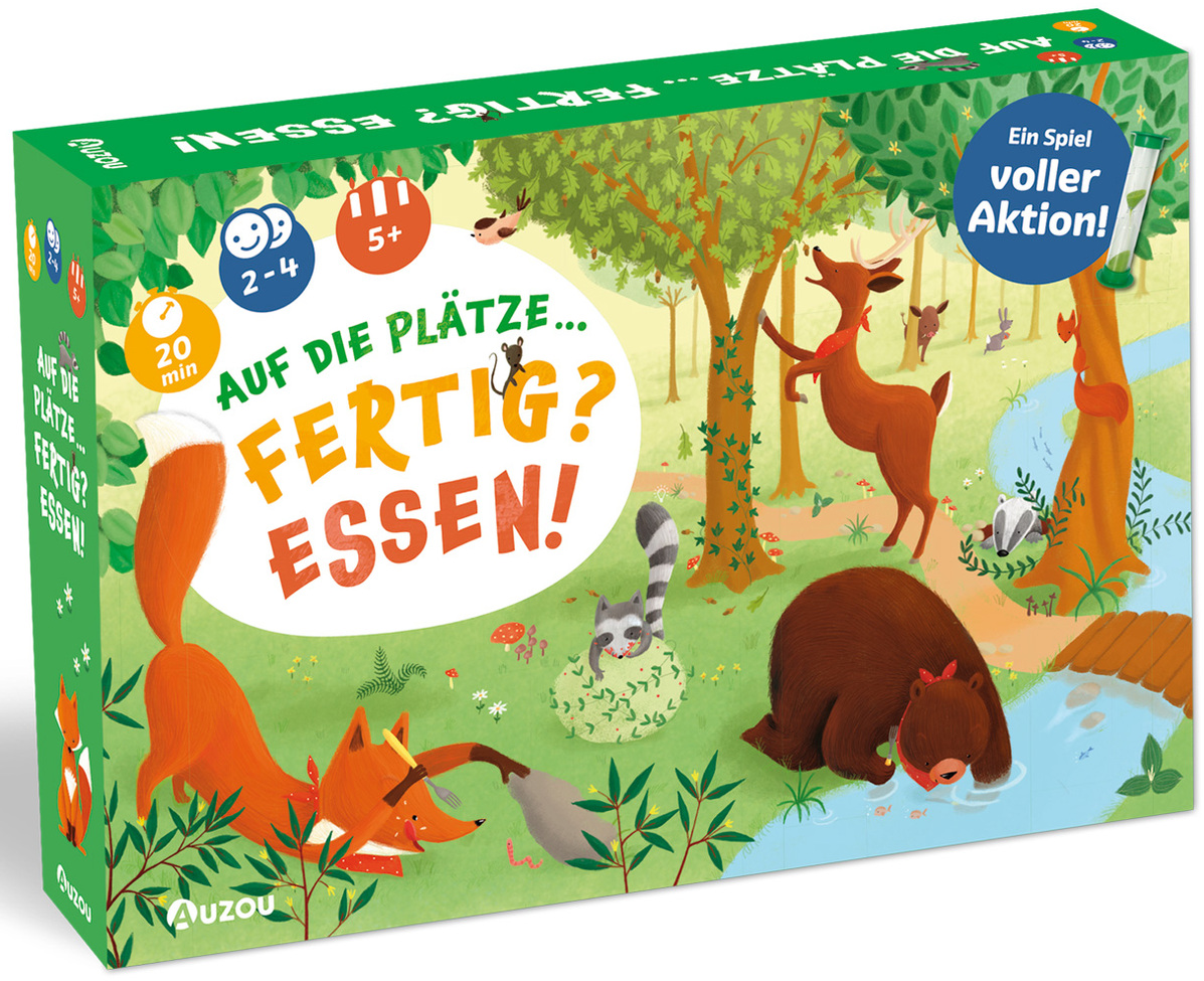 Die Verpackung des Brettspiels »Auf die Plätze! Fertig? Essen!« zeigt eine farbenfrohe Waldszene mit illustrierten Tieren wie einem Fuchs, einem Bär, Rehen und weiteren Waldbewohnern. Im Vordergrund stehen der Titel des Spiels und verschiedene Symbole, die auf die Spieldauer, das empfohlene Alter und die Spieleranzahl hinweisen.