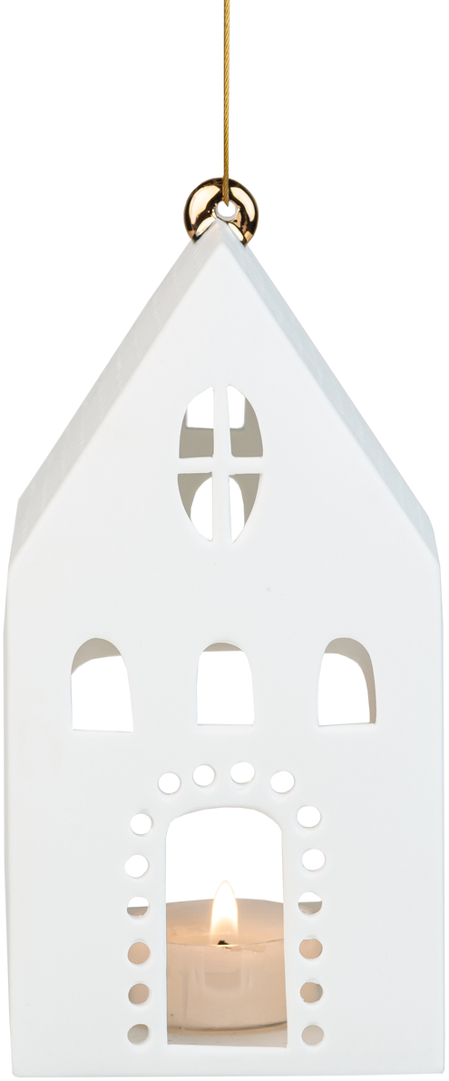 Ein hängendes Lichthaus in Form eines großen, eckigen Hauses. Es ist weiß und aus Porzellan gefertigt, mit ausgeschnittenen Fenstern und Türen, durch die das Licht einer kleinen Kerze im Inneren leuchtet. Das Lichthaus hängt an einem goldenen Faden.