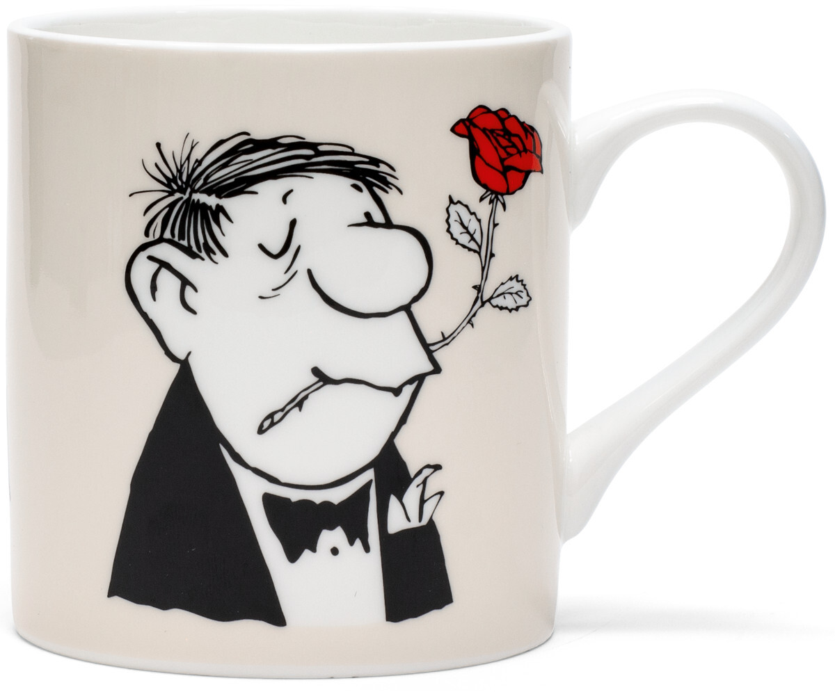 Ein hochwertiger Porzellanbecher mit einem Cartoon-Motiv von Loriot, der eine Karikatur eines Mannes in einem Smoking zeigt, der eine rote Rose im Mund hält. Der Hintergrund ist weiß und der Cartoon ist größtenteils in Schwarz-Weiß gehalten, mit der einzigen Farbe der Rose in Rot.