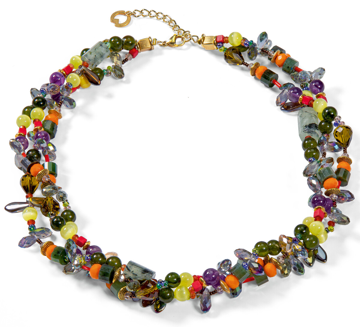 Ein kunstvoll gestaltetes Schmuckset bestehend aus einer Halskette mit verschiedenen bunten Perlen in Grün, Gelb, Orange und Violett. Das Design ist abwechslungsreich und elegant, perfekt für besondere Anlässe.