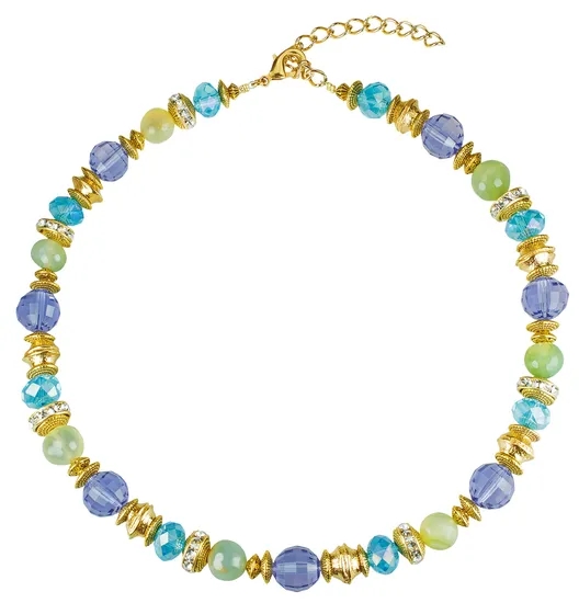 Das Bild zeigt ein Collier der Designerin Petra Waszak mit dem Namen 'Kornblume'. Die Halskette besteht aus abwechselnd runden und facettierten Perlen in Blau-, Grün- und Türkistönen sowie goldfarbenen, metallischen Elementen. Die Kette ist aufwendig gestaltet und vermittelt einen eleganten, künstlerischen Eindruck.