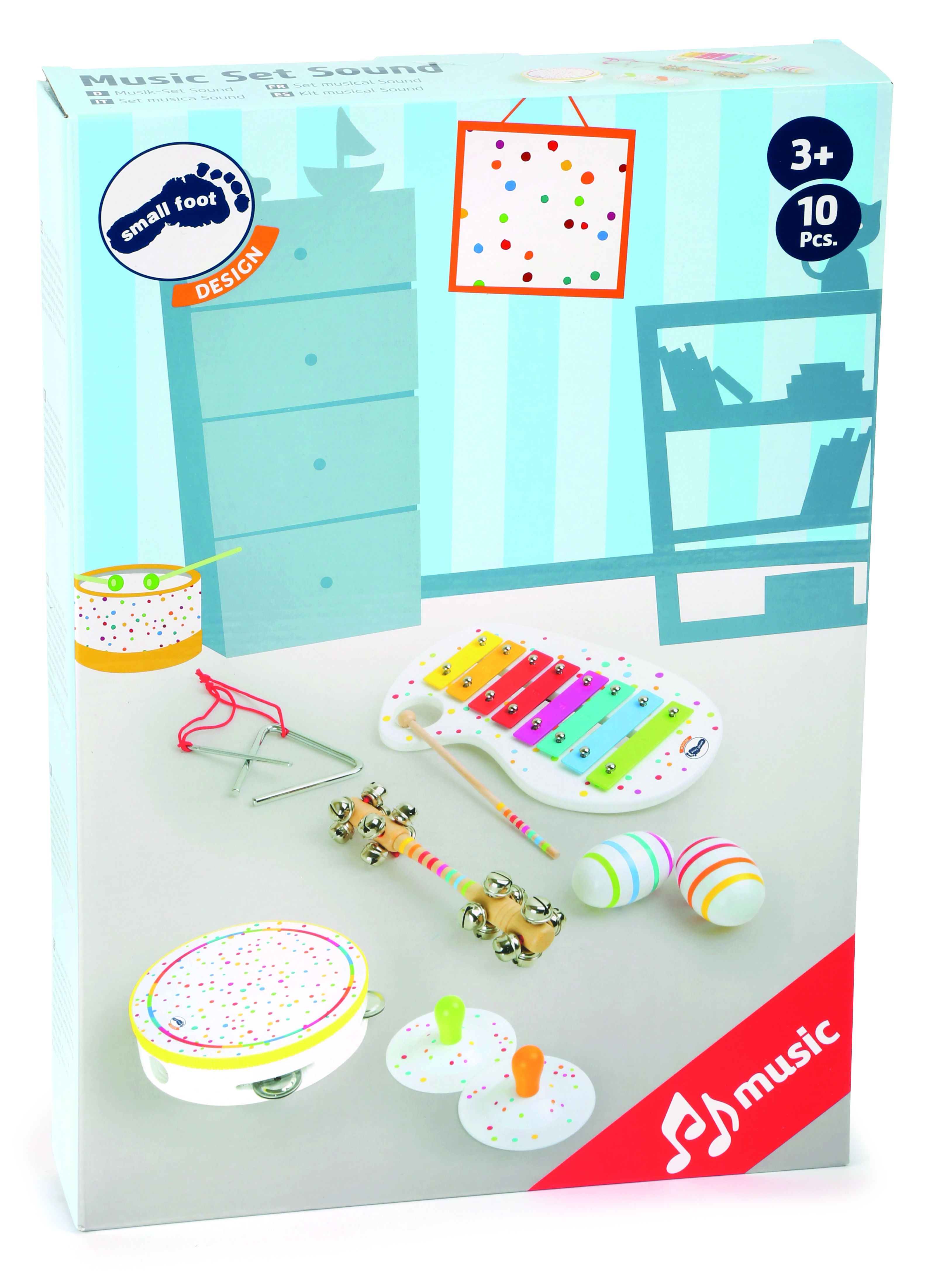 Abgebildet ist ein Musik-Set für Kinder, bestehend aus mehreren Percussion-Instrumenten wie Xylophon, Tamburin, Rassel und Maracas. Das Set ist bunt gestaltet und in einer Verpackung mit verspieltem Punktedesign präsentiert. Geeignet für Kinder ab drei Jahren.