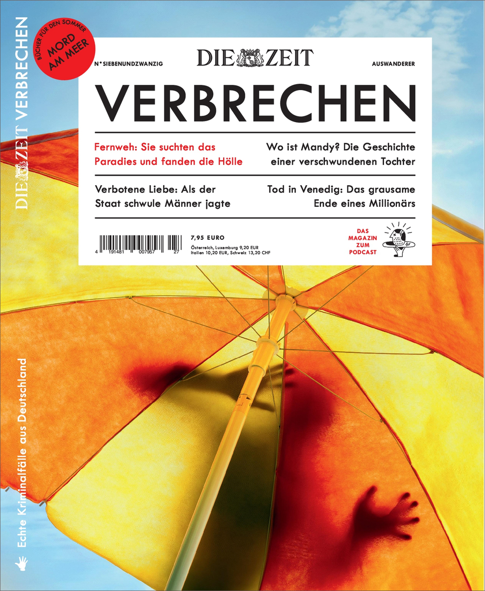 Cover der Zeitschrift ZEIT Verbrechen 27/24. Oben steht 'Die Zeit Verbrechen' mit dem Slogan 'Mord am Meer'. Im Hintergrund sieht man einen Sonnenschirm in Gelb- und Orangetönen und einen blauen Himmel. Verschiedene Artikel sind aufgelistet, darunter über das Verschwinden einer Tochter und einen Mord in Venedig. Preis von 7,95 Euro.