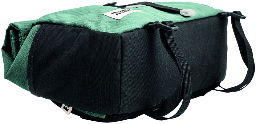 Die Lenkertasche »Piha« ist eine robuste Fahrradtasche mit schwarzem Boden und grünem Obermaterial. Sie verfügt über mehrere Befestigungsriemen und bietet ausreichend Stauraum für Outdoor-Aktivitäten und Radfahren.