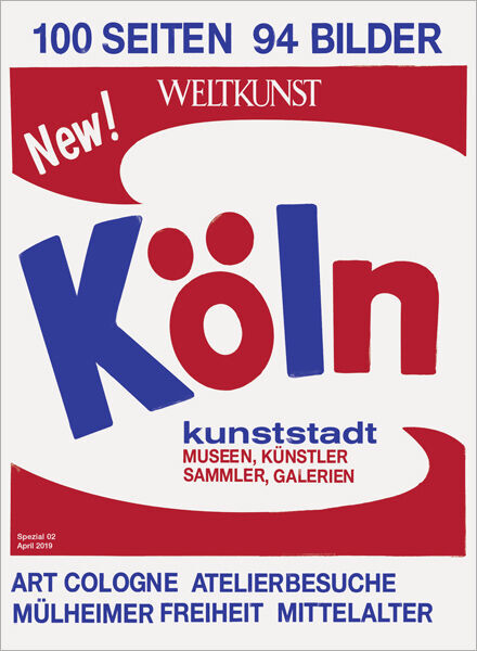 Das Cover des Kunstführers 'WELTKUNST 155/19 KÖLN-SPEZIAL' zeigt den Titel in blau und rot auf weißem Hintergrund. Oben steht in roter Schrift auf weißem Hintergrund '100 SEITEN 94 BILDER' und 'New!'. Darunter ist in großen blau-roten Buchstaben 'Köln' geschrieben, gefolgt von 'kunststadt' in rot, und weiteren Informationen zu Museen, Künstlern, Sammlern und Galerien. Unten im roten Kästchen steht 'Spezial 02 April 2019'.