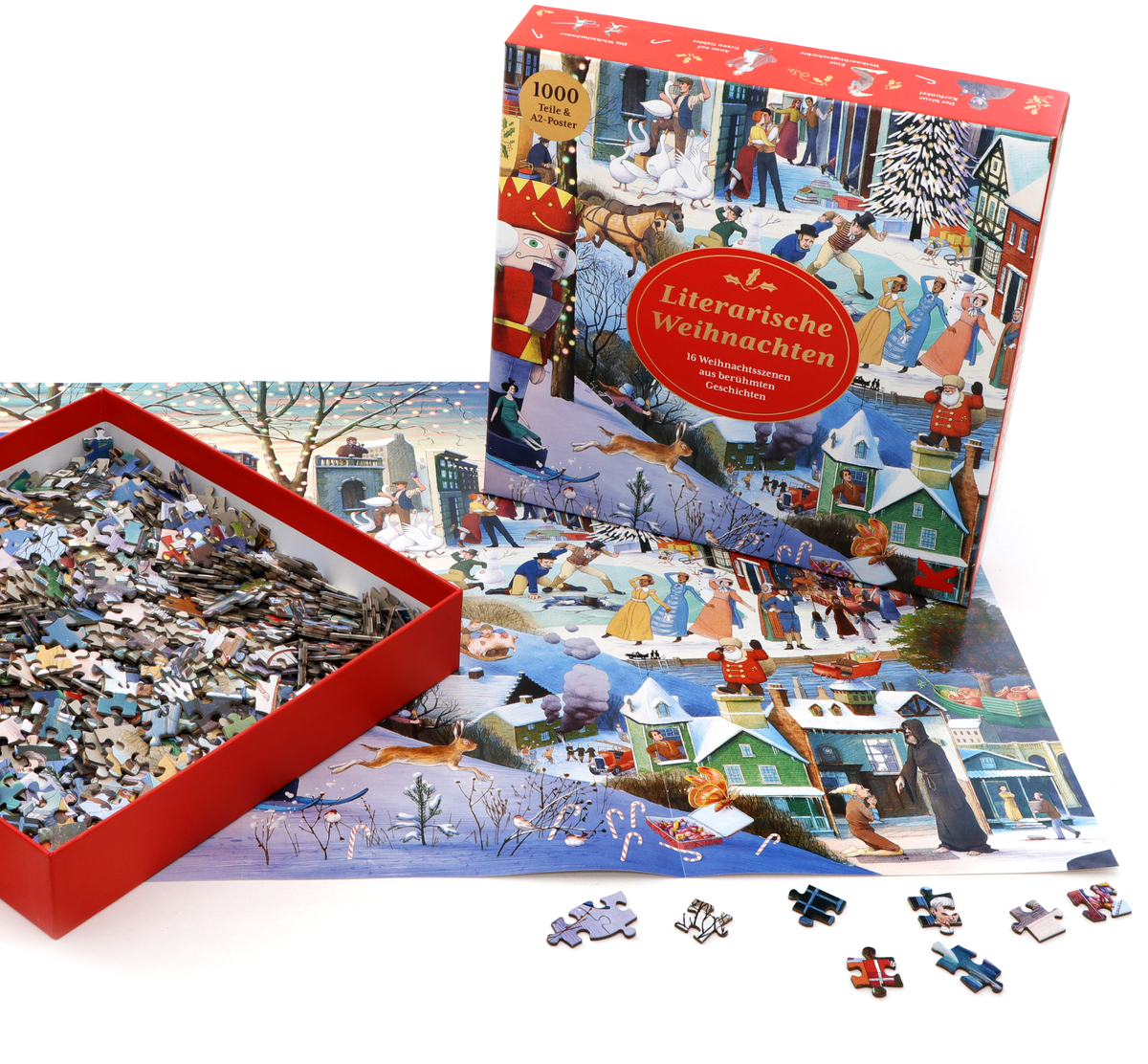 Puzzle mit dem Titel 'Literarisches Weihnachten'. Die Schachtel zeigt ein weihnachtliches Motiv mit literarischen Figuren. Neben der Schachtel befinden sich lose Puzzleteile vor einem teilweise fertiggestellten Puzzle.