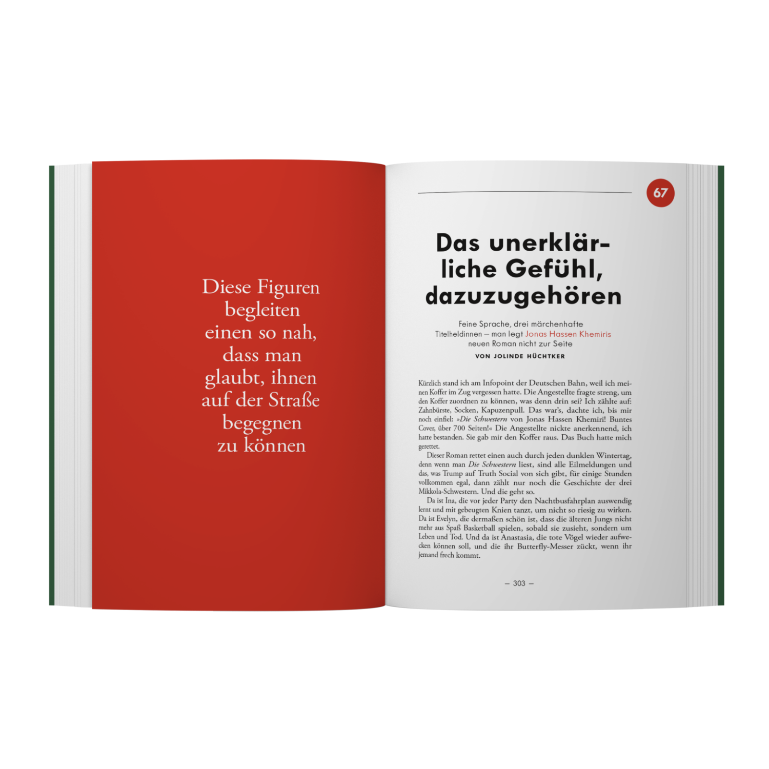 Das Bild zeigt eine Doppelseite aus dem ZEIT-Edition »Bücherkompass«. Die linke Seite ist vollflächig rot mit weißem Text: „Diese Figuren begleiten einen so nah, dass man glaubt, ihnen auf der Straße begegnen zu können.“ Die rechte Seite enthält einen Textabschnitt mit Überschrift, fortlaufendem Text und Seitenzahl.