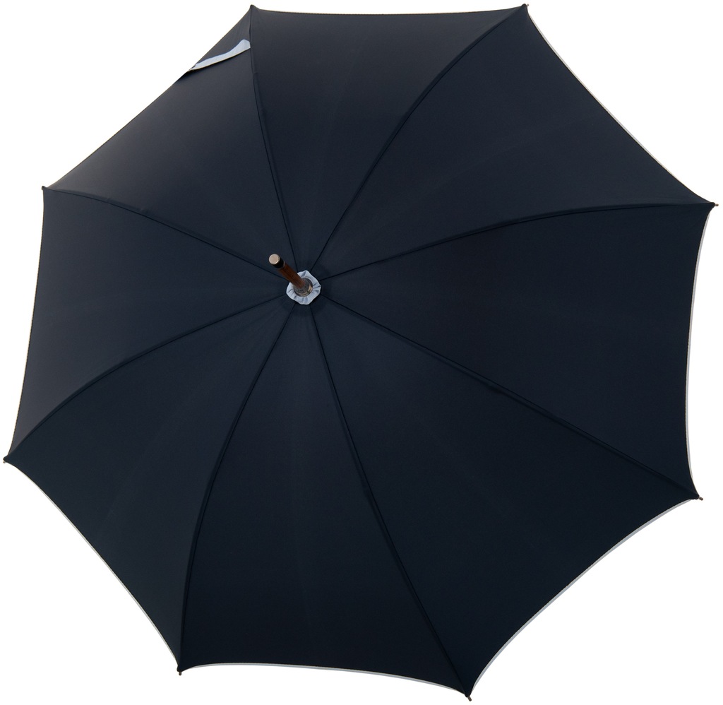 Ein großer, dunkelblauer Regenschirm Modell »Norfolk Oxford«, geöffnet, mit robustem Gestell und elegantem Design.