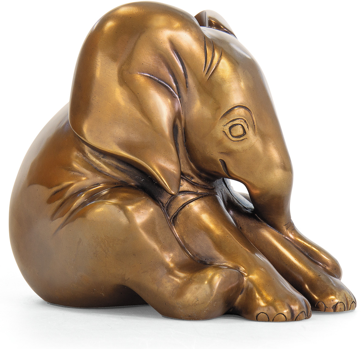 Kleine Elefantenfigur aus Bronze von Jagna Weber, sitzend und kunstvoll gestaltet. Die Figur hat eine glänzende bronzefarbene Oberfläche.