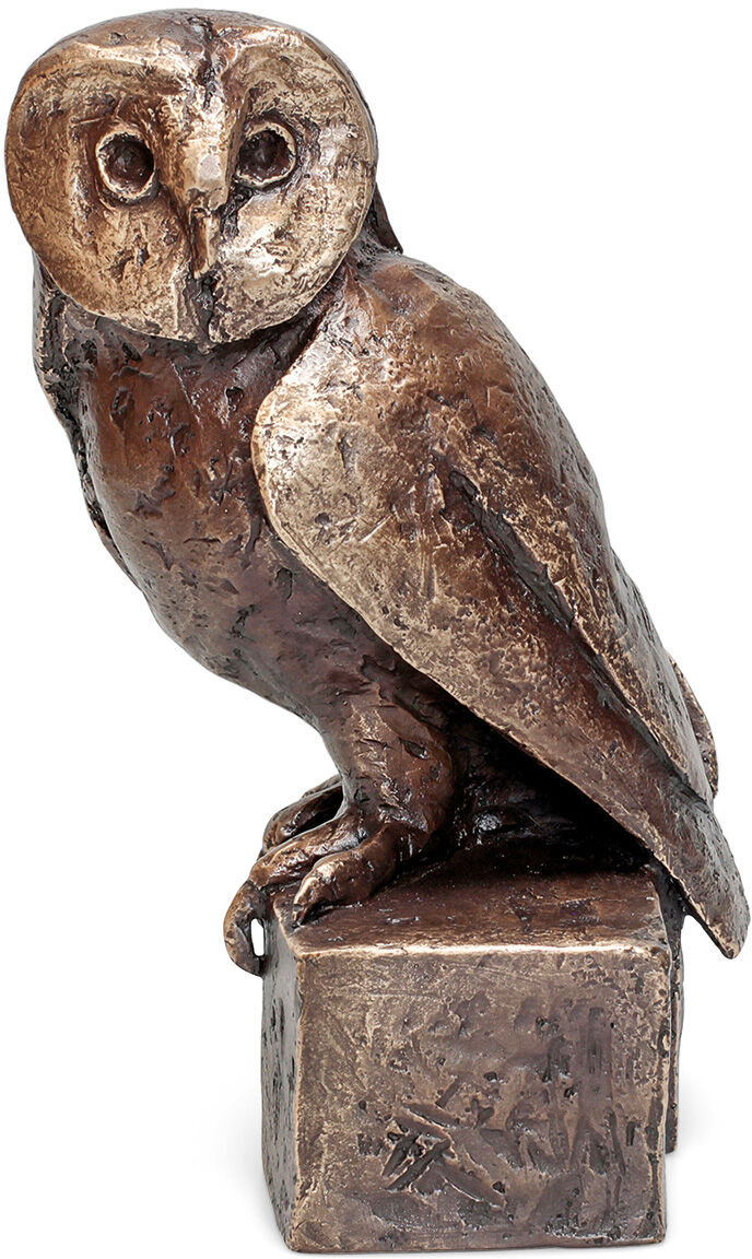 Bronzeskulptur einer Schleiereule, die auf einem kleinen Sockel sitzt. Die Eule ist detailliert und realistisch gestaltet, mit naturalistischen Texturen und Proportionen. Kunstwerk von Christoph Fischer aus dem Jahr 2022.