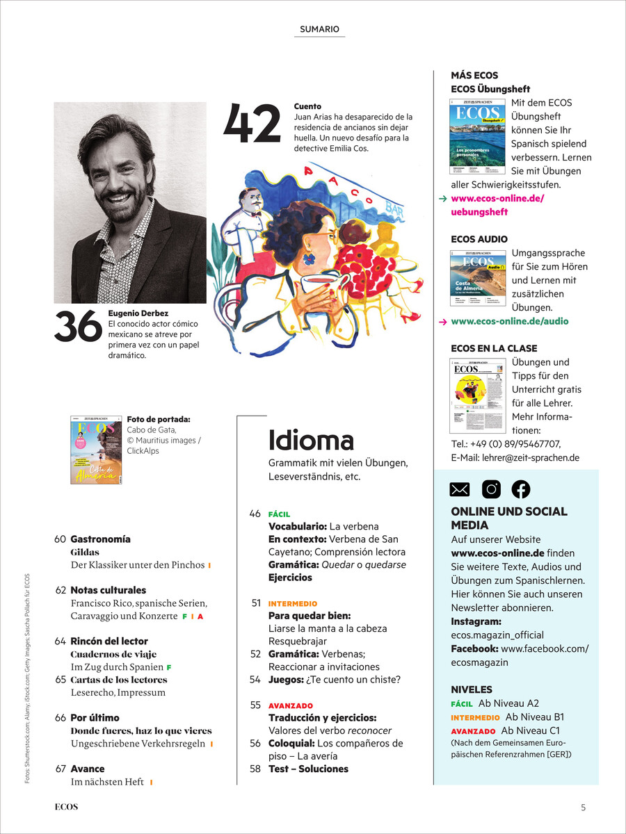 Die Titelseite des Ecos Magazins 09/2024 zeigt verschiedene Inhalte und Artikel in spanischer Sprache. Das Layout umfasst Bilder, Text, und Farbakzente in Weiß, Schwarz, Blau und Rot. Oben links befindet sich ein Porträt eines Mannes.