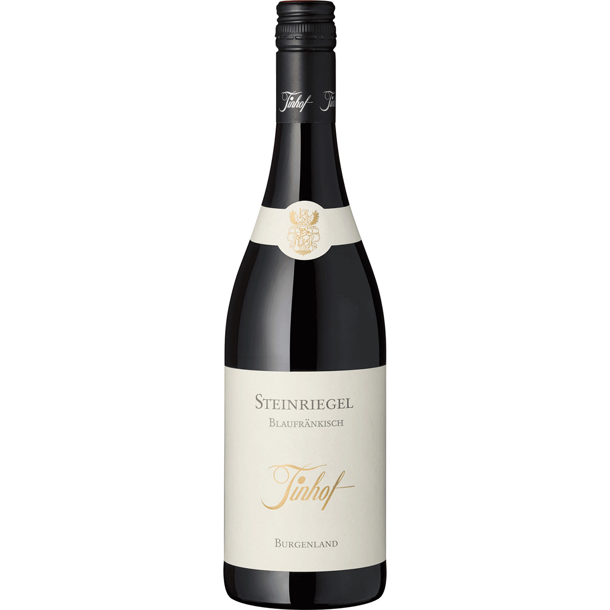 Eine einzelne Flasche hochwertigen österreichischen Rotweins Blaufränkisch vom Weingut Tinhof, Sorte Steinriegel, mit elegantem weißen Etikett und goldener Prägung auf hellem Untergrund, ideal für Weinproben, Geschenke und festliche Anlässe.