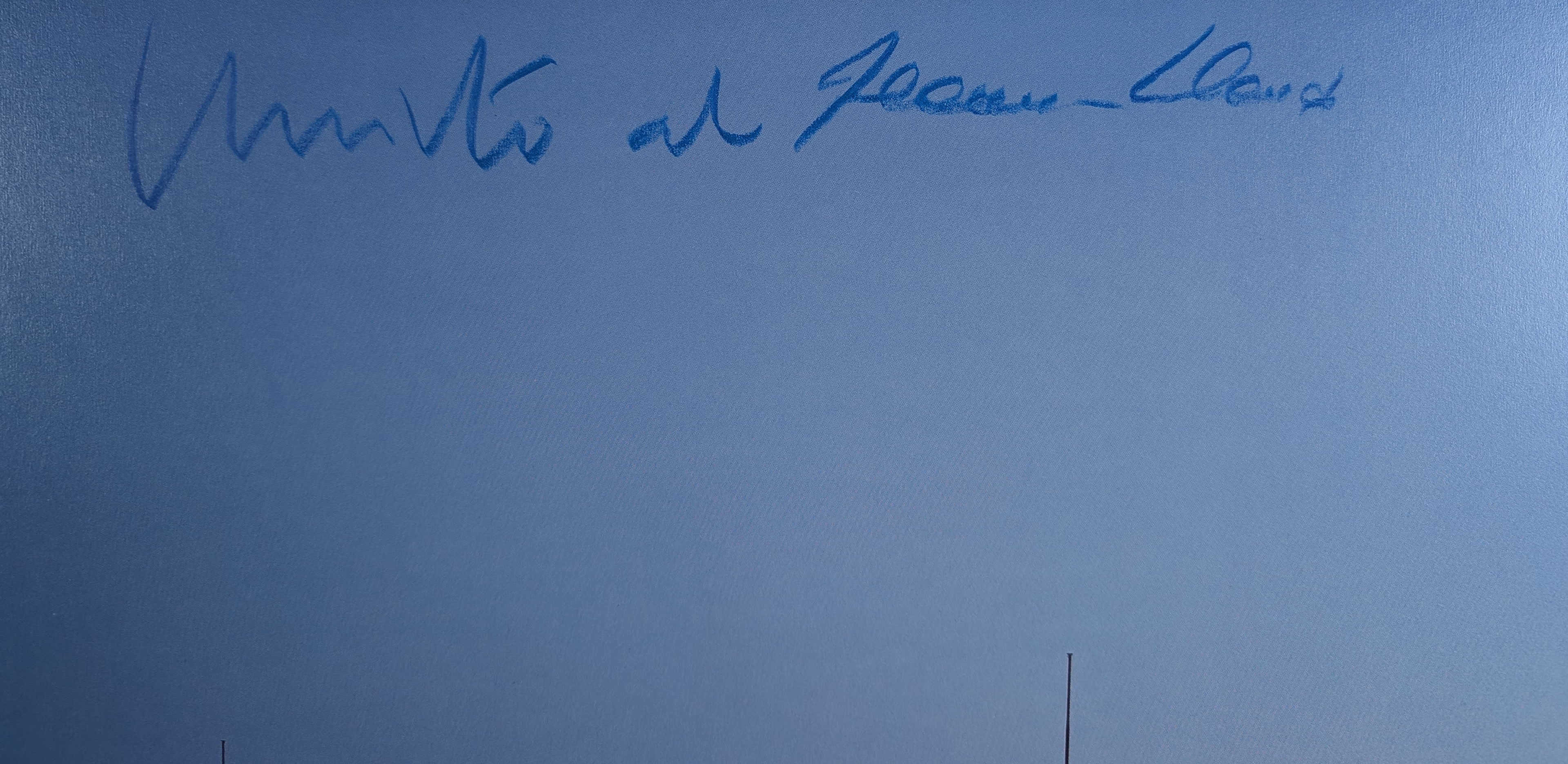 Eine künstlerische Darstellung von Christos Projekt über den Reichstag in Berlin. Das Bild zeigt die signifikante Verpackung des Gebäudes in einem modernen Kunststil mit dominierenden Blautönen. Es ist eine außergewöhnliche Kunstinstallation, die Architektur und Kunst vereint.