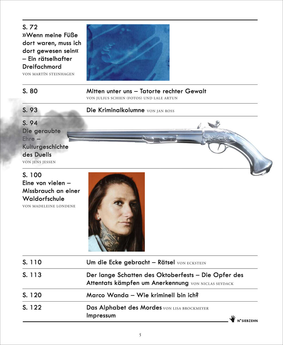 Magazinseite ZEIT VERBRECHEN 17/22 mit Textabschnitten und einem Bild eines historischen Revolvers.