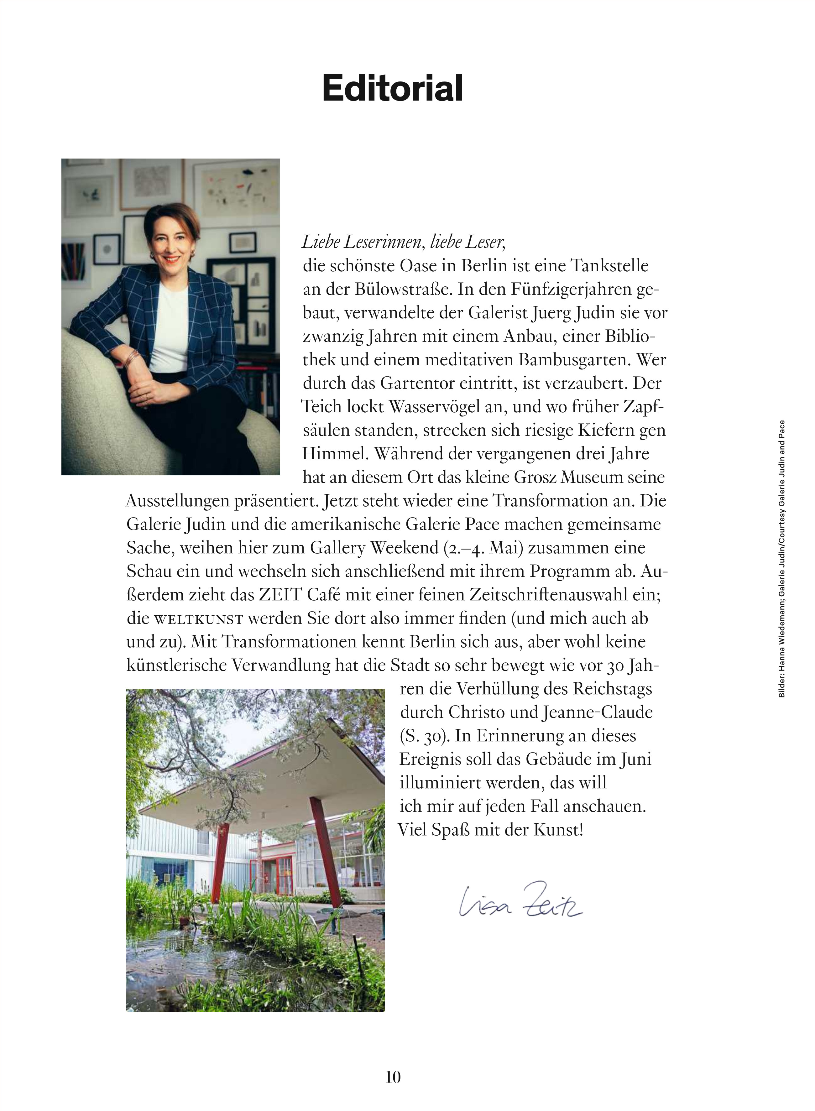 Seite aus dem WELTKUNST 240/25 Sonderheft Berlin mit einem Editorial-Text, einem Foto einer Frau und einem Bild von einem Außentisch in einer Grünanlage. Der Text ist auf Deutsch geschrieben und behandelt die Berliner Kunstszene.