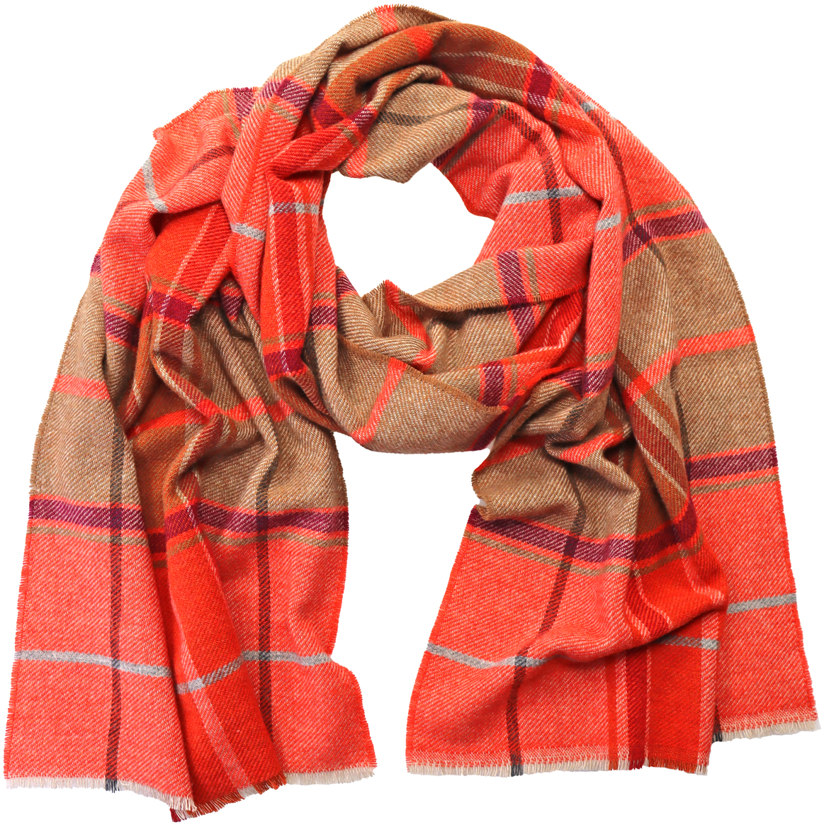 Ein weicher Merinoschal mit Karomuster in den Farben Rot, Braun, Beige und Orange. Der Schal ist locker drapiert und wirkt warm sowie hochwertig – ideal als modisches Accessoire für Herbst und Winter.